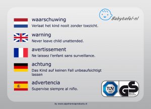 babytafel waarschuwingssticker in meerdere talen
