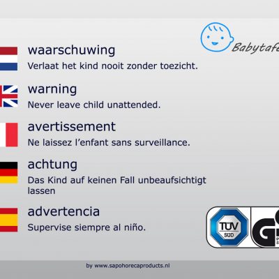 babytafel waarschuwingssticker in meerdere talen