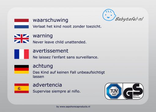 babytafel waarschuwingssticker in meerdere talen
